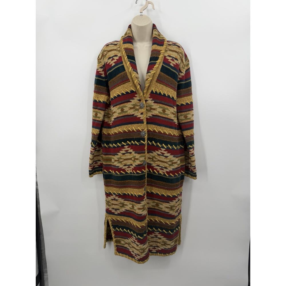 Double D Ranch Duster Sweater Leather Stitching Large Southwestern